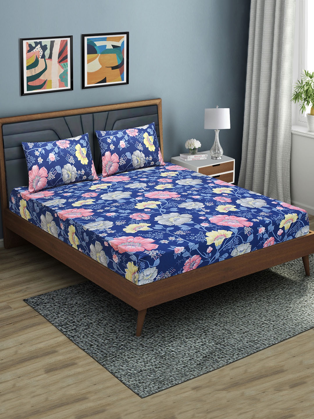 

Aura Blue Floral Printed Fitted 144 TC Queen Bedsheet with 2 Pillow Covers