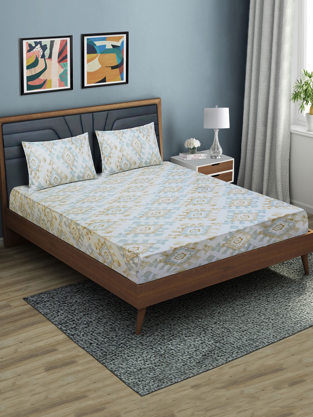 

Aura Ethnic Motifs Printed 144 TC Fitted Queen Bedsheet 2 Pillow Covers, Grey