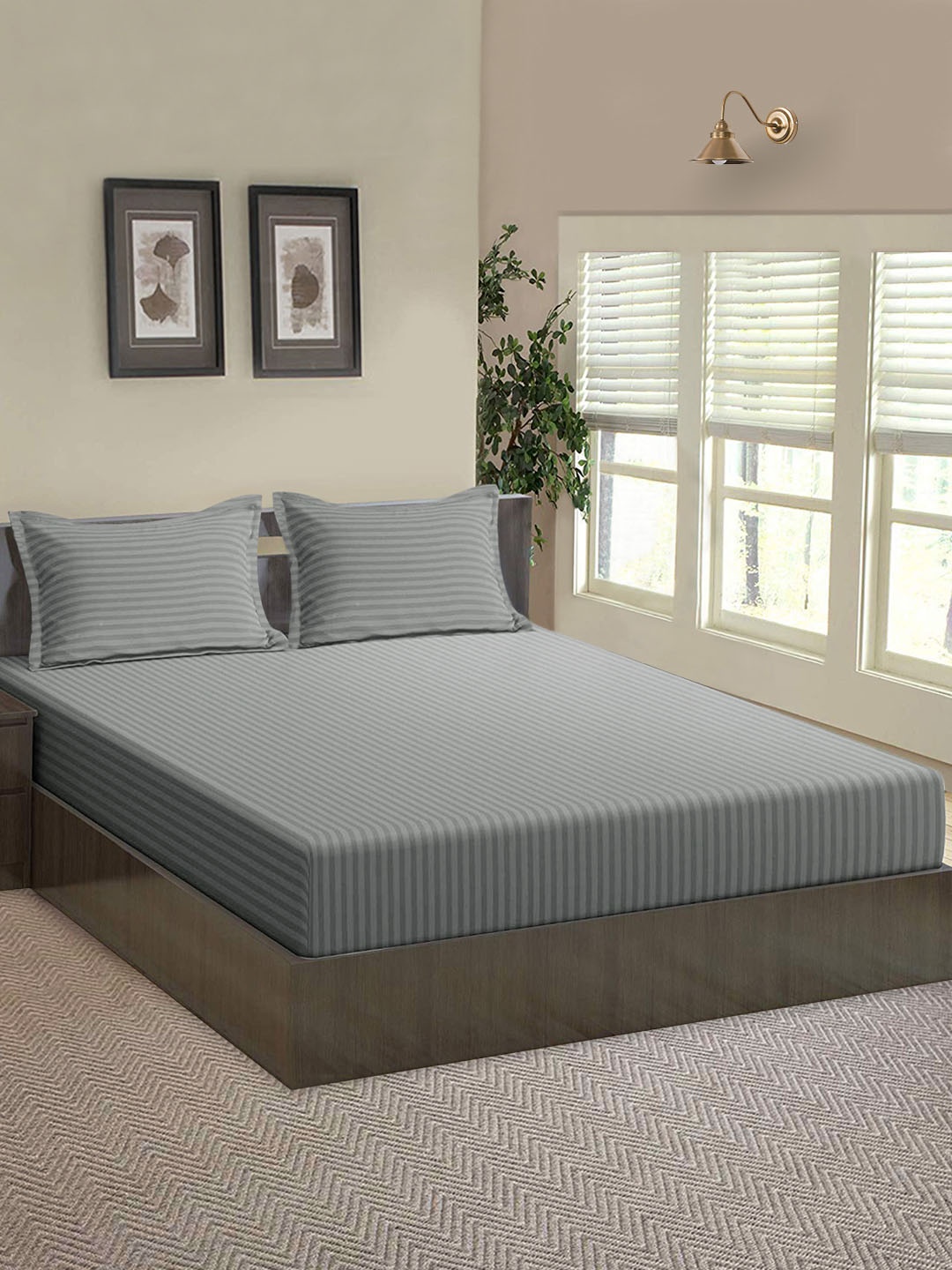 

Aura Grey Striped Microfiber 144 TC Fitted Queen Bedsheet with 2 Pillow Covers