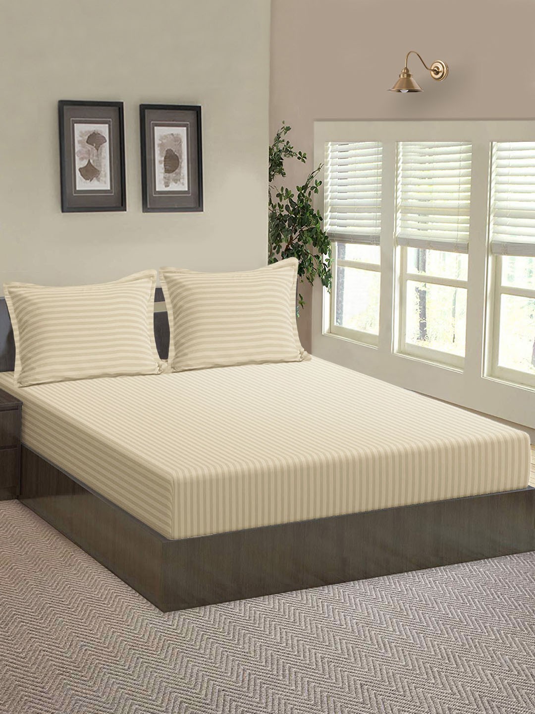 

Aura Beige Striped Fitted 144 TC Queen Bedsheet With 2 Pillow Covers