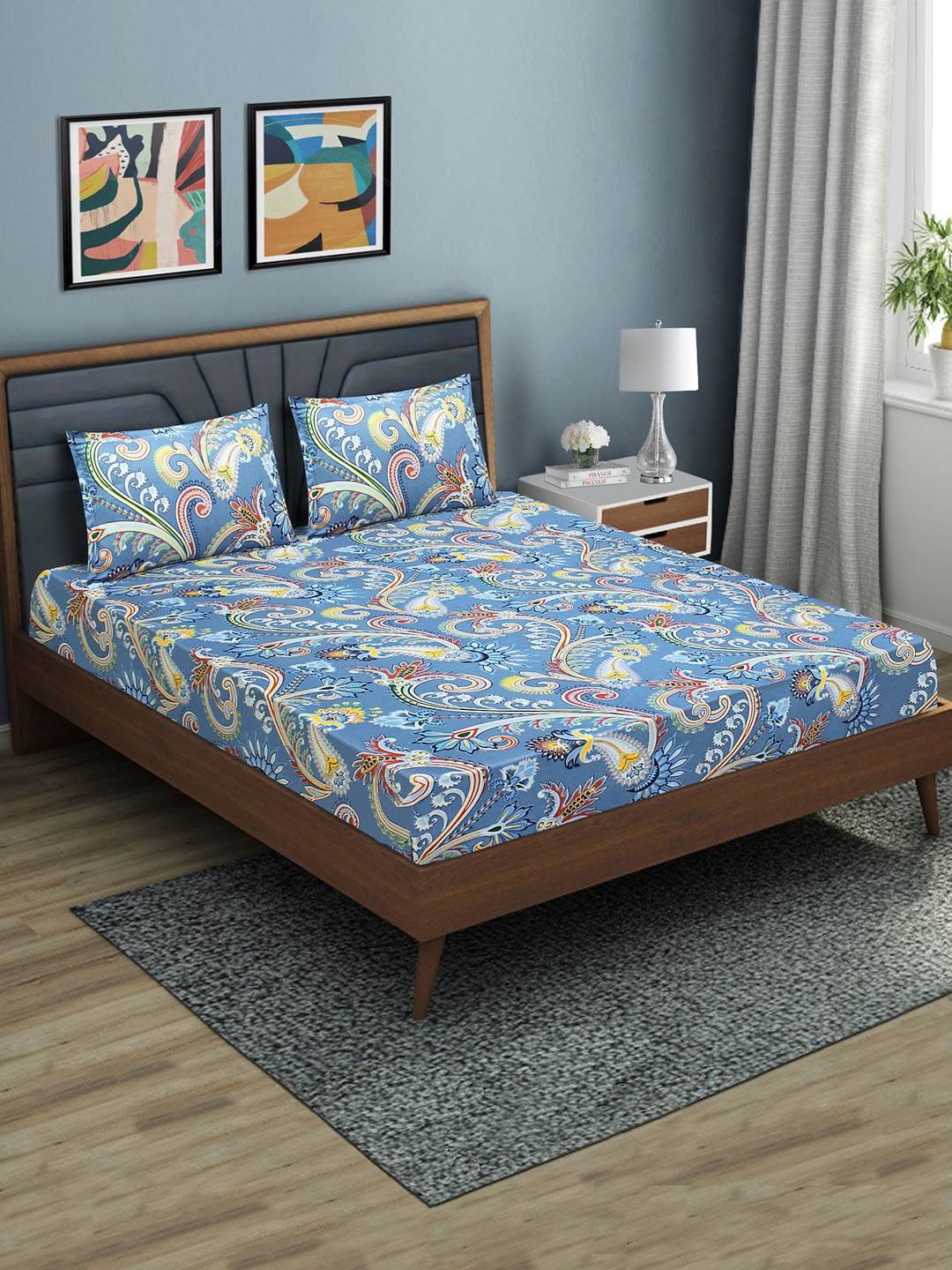 

Aura Ethnic 144 TC Fitted Queen Bedsheet with 2 Pillow Covers, Blue