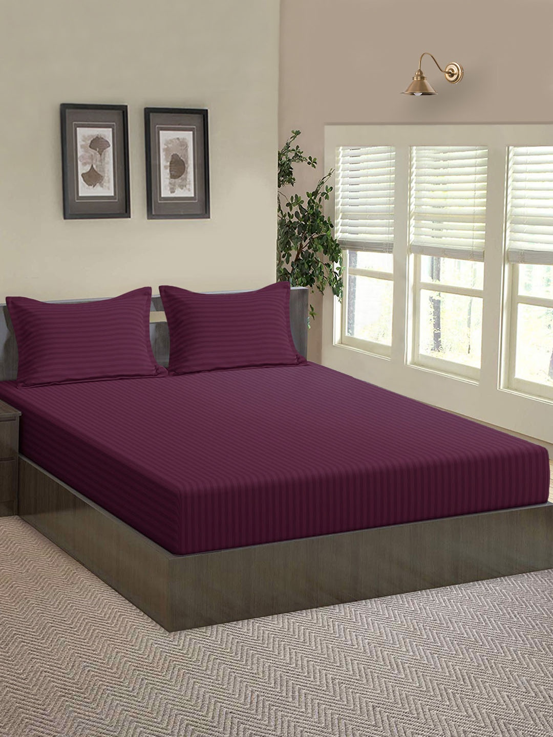 

Aura Striped 144 TC Microfiber Fitted Queen Bedsheet with 2 Pillow Covers, Purple