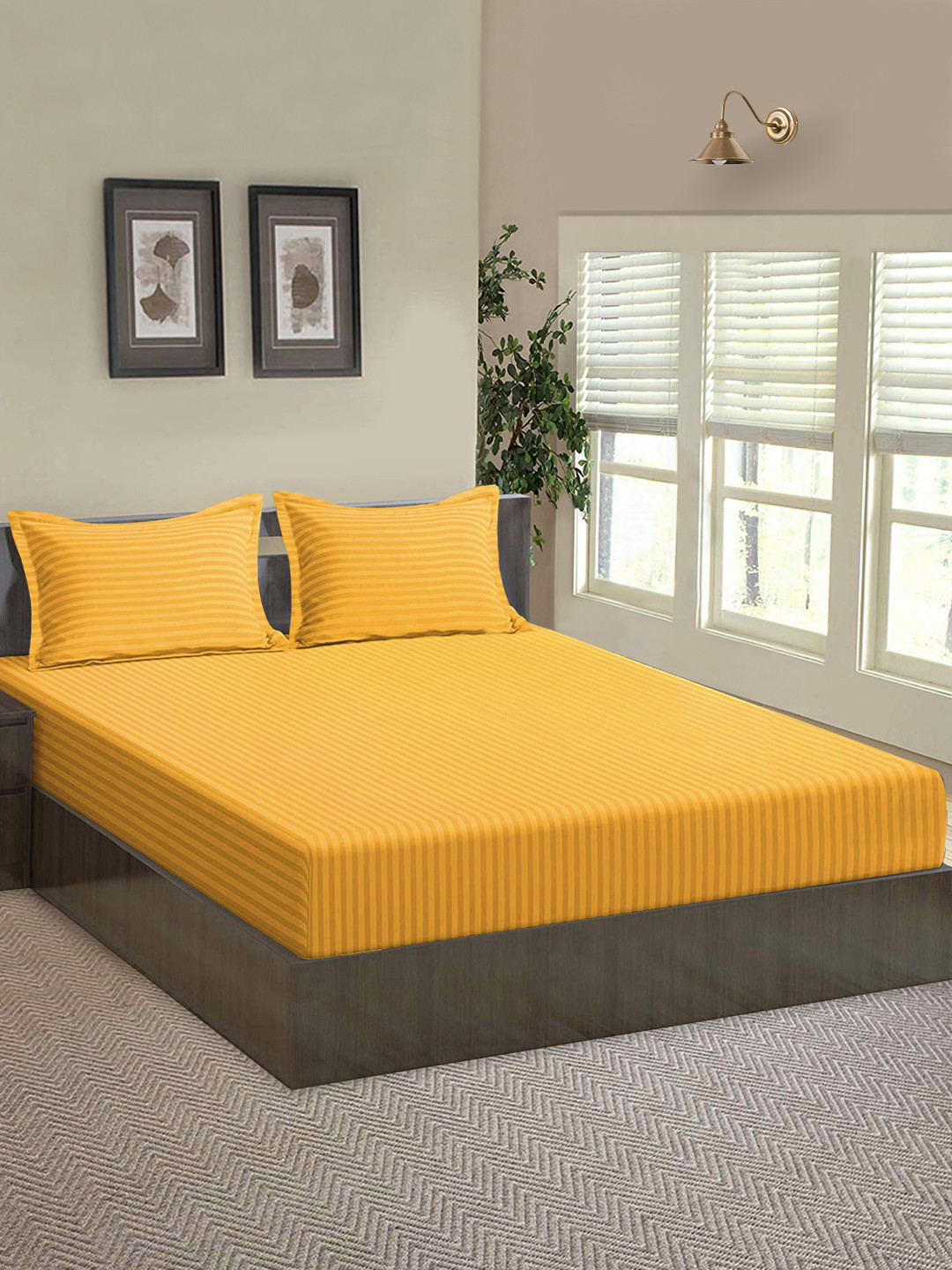 

Aura Yellow Striped Microfiber Fitted 144 TC Queen Bedsheet with 2 Pillow Covers
