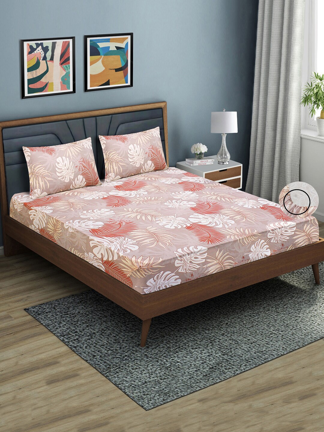 

Aura Floral Printed 144 TC Fitted Queen Bedsheet with 2 Pillow Covers, Pink