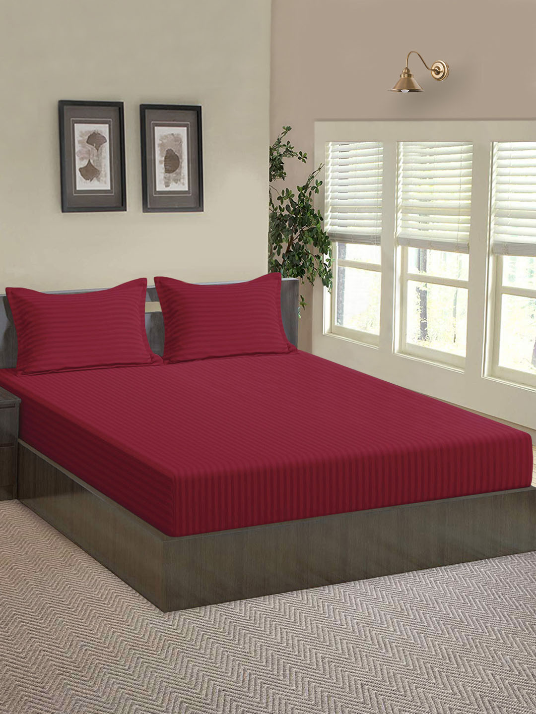 

Aura Red Striped 144 TC Fitted Queen Bedsheet with 2 Pillow Covers