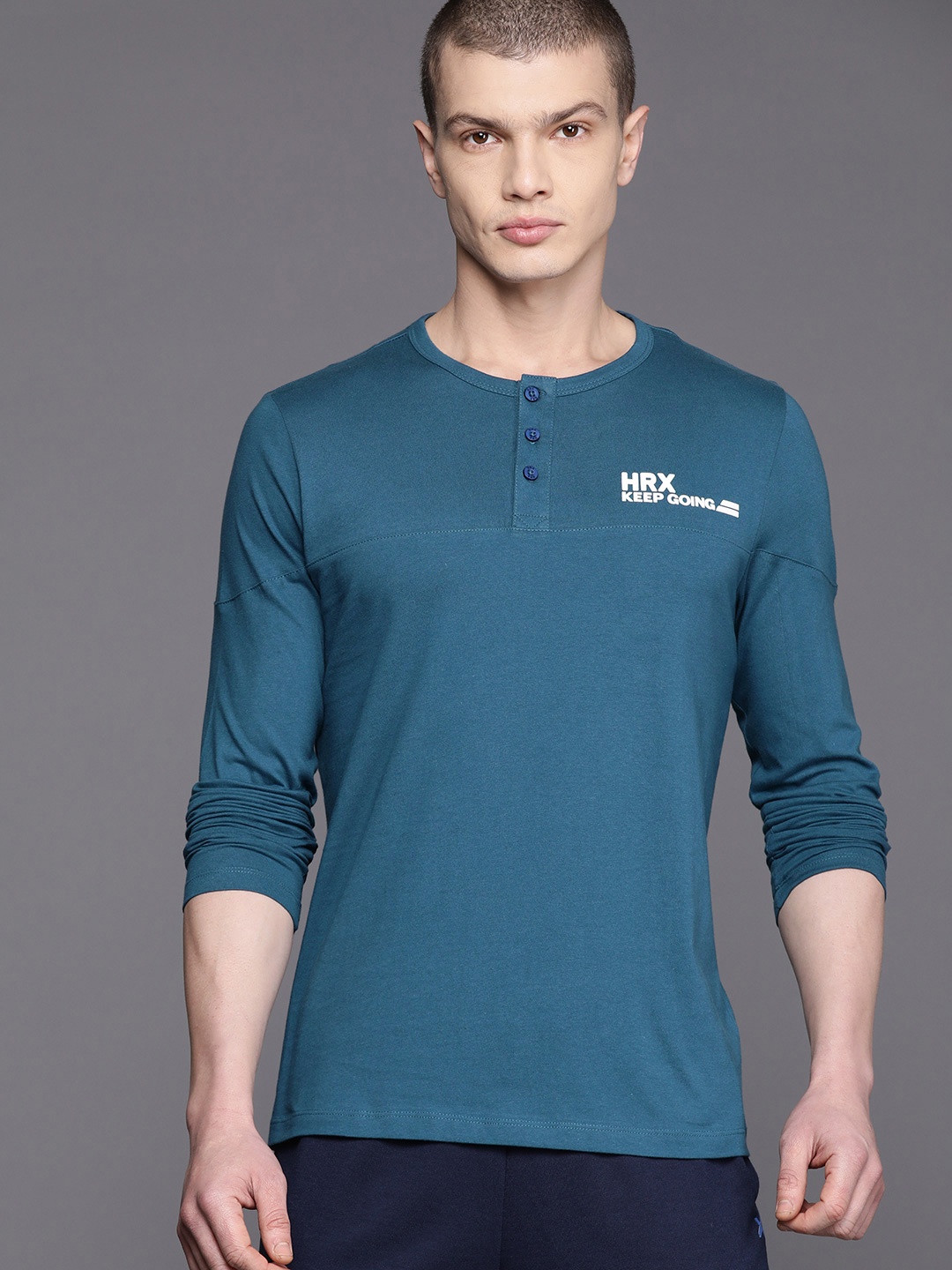 

HRX by Hrithik Roshan Men Typography Printed Henley Neck Pure Cotton T-shirt, Teal