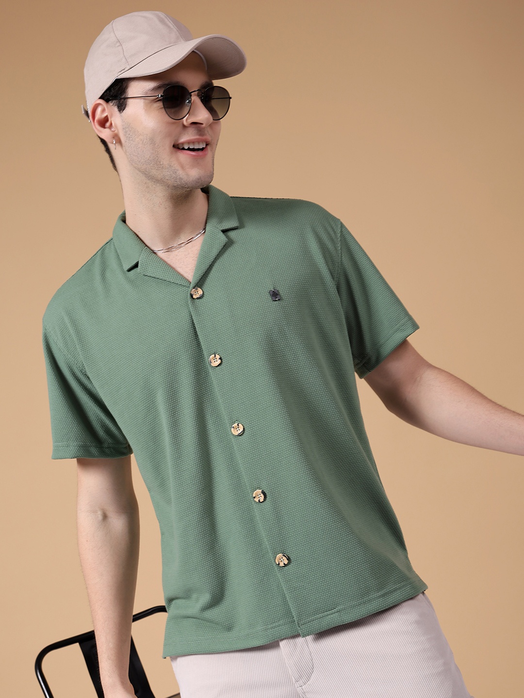 

The Indian Garage Co Cuban Collar Self Design Oversized Casual Shirt, Green