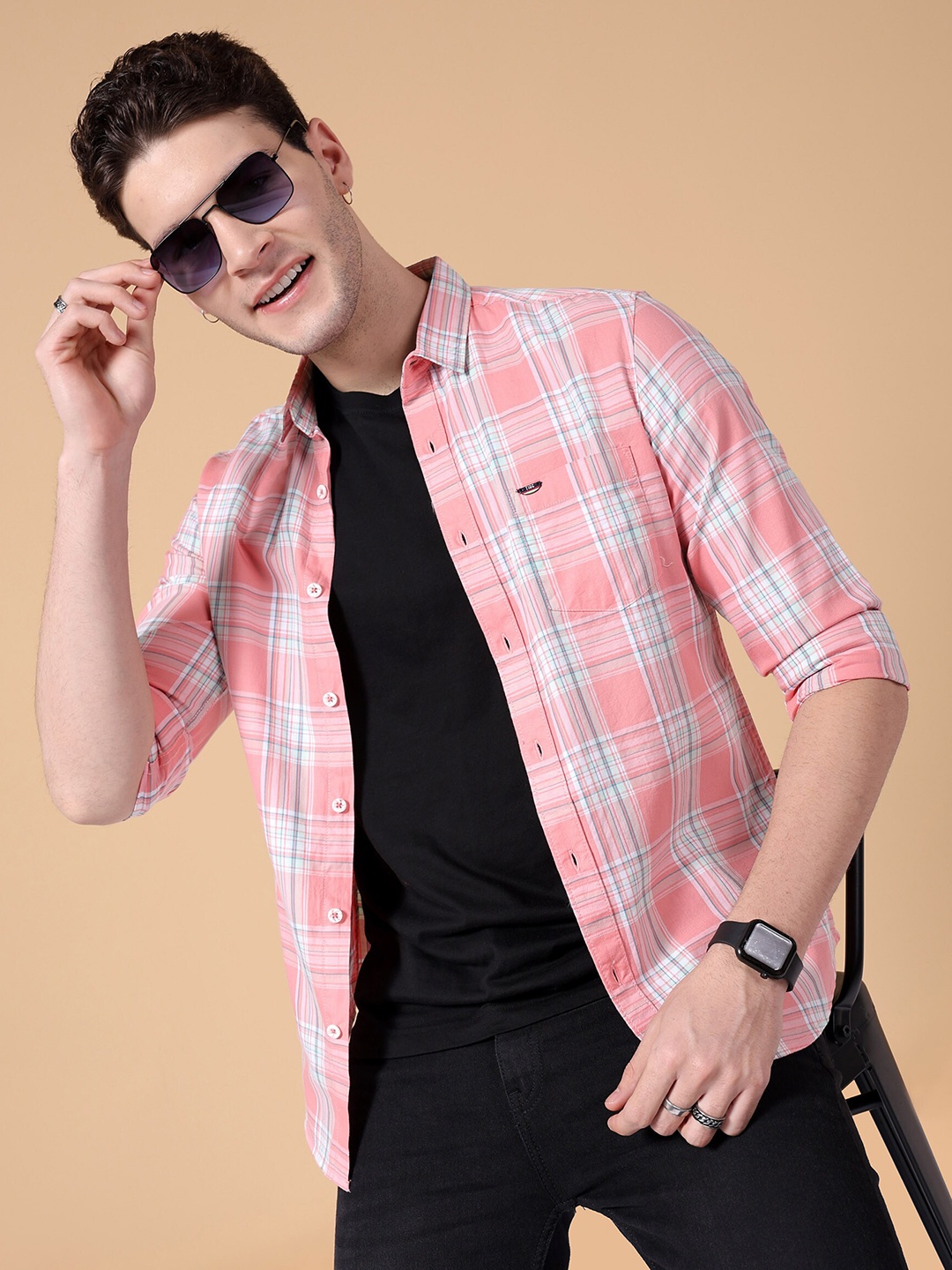 

The Indian Garage Co Spread Collar Slim Fit Checked Casual Pure Cotton Shirt, Pink