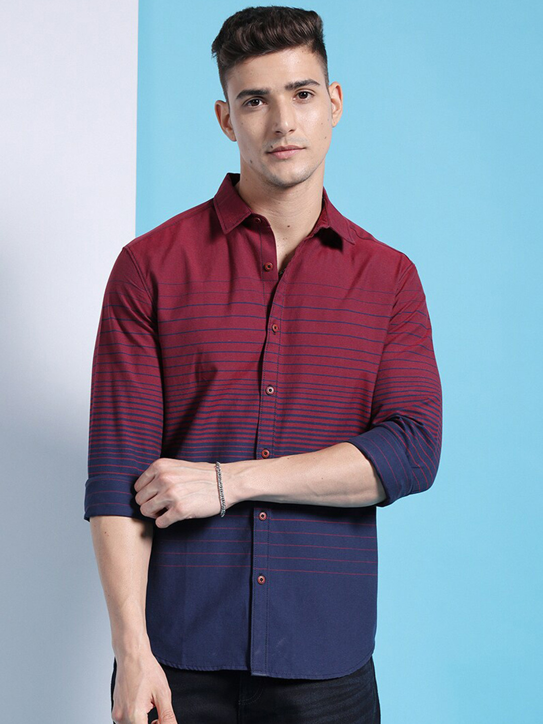 

The Indian Garage Co Slim Fit Striped Oxford Pure Cotton Casual Shirt, Navy blue