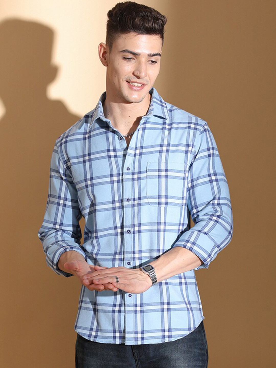 

The Indian Garage Co Slim Fit Tartan Checked Twill Pure Cotton Casual Shirt, Blue