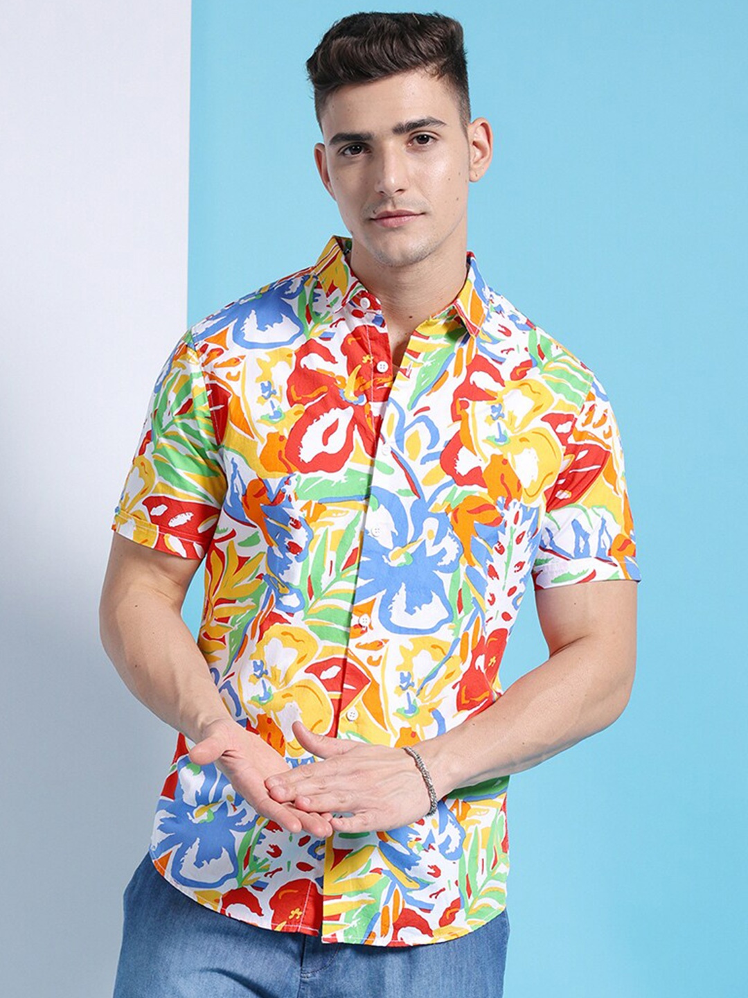 

The Indian Garage Co Men Spread Collar Slim Fit Floral Printed Resortwear Shirt, White