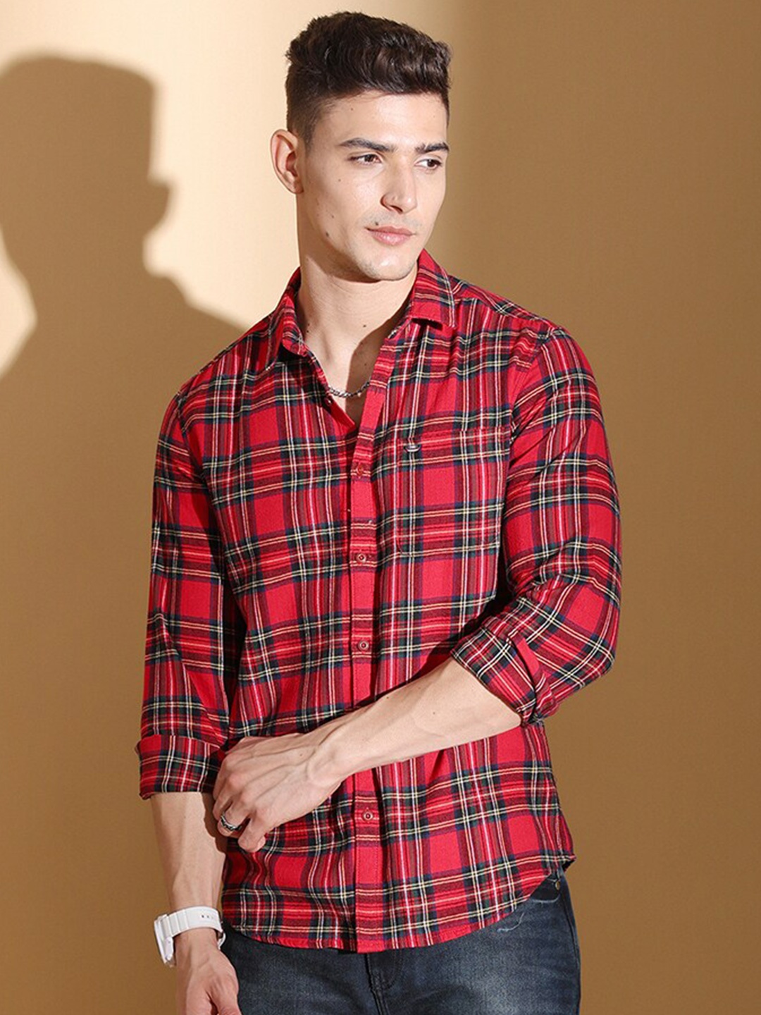 

The Indian Garage Co Slim Fit Tartan Checked Pure Cotton Casual Shirt, Red