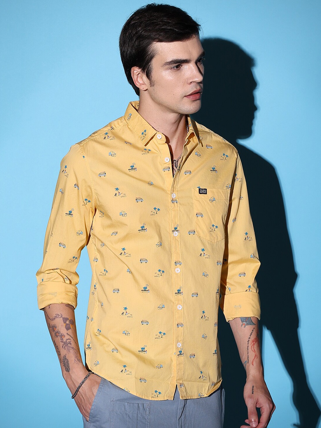 

The Indian Garage Co Slim Fit Conversational Printed Pure Cotton Casual Shirt, Yellow