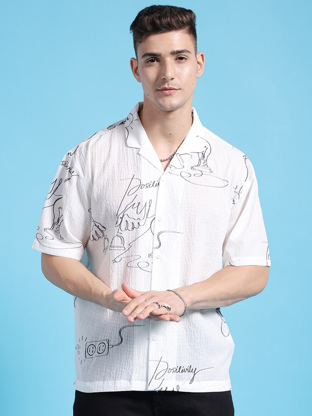 

The Indian Garage Co Men Relaxed Fit Abstract Print Textured Resortwear Shirt, White