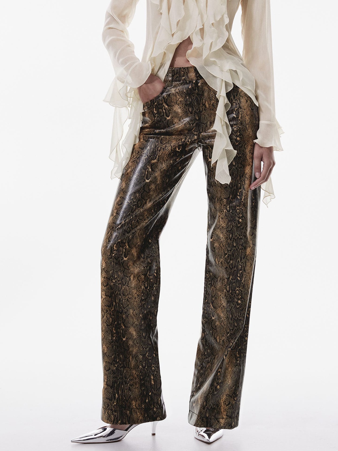 

MANGO Women Snake-Skin Printed Trousers, Brown