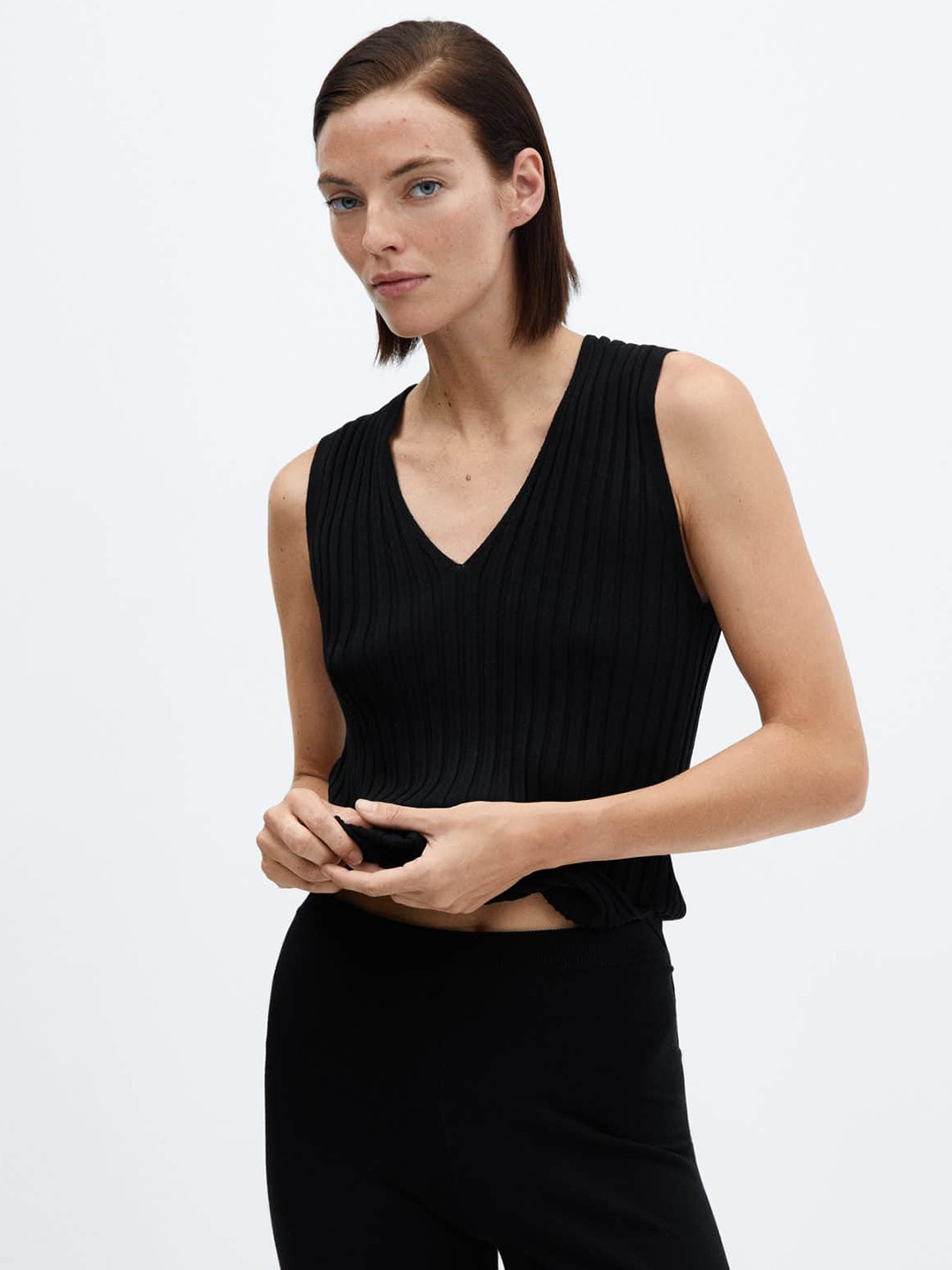 

MANGO Ribbed V-Neck Top, Black