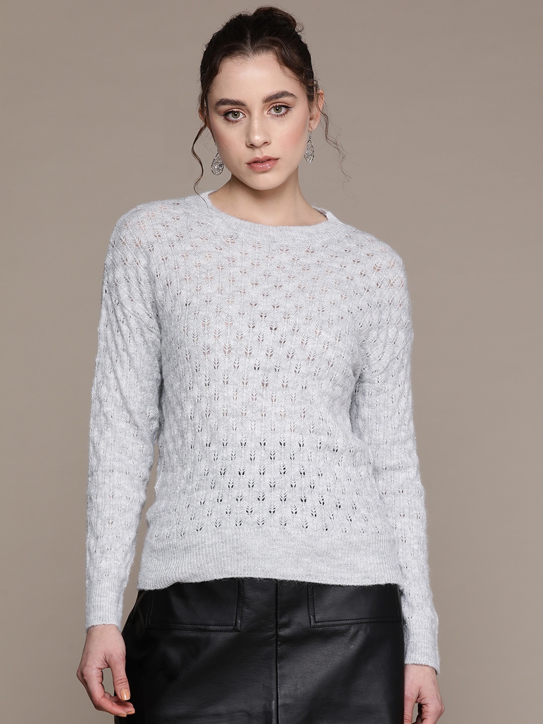

MANGO Women Self Design Pullover, Grey