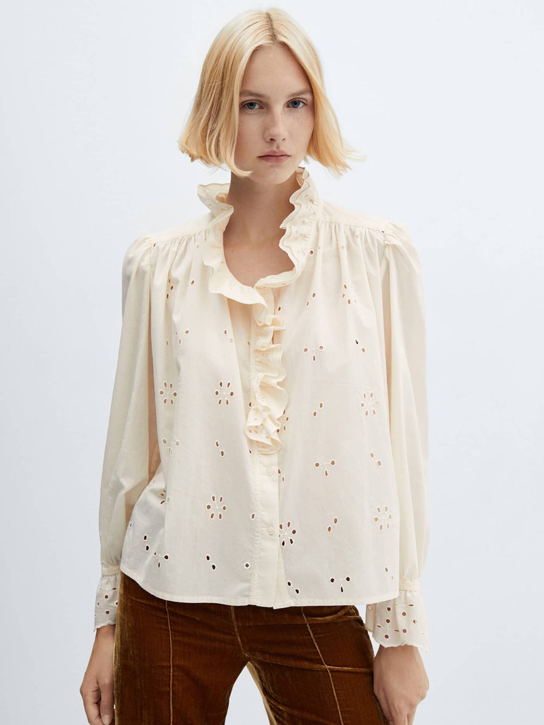 

MANGO Cotton Shiffli Self Design Ruffle Detail Top, Off white