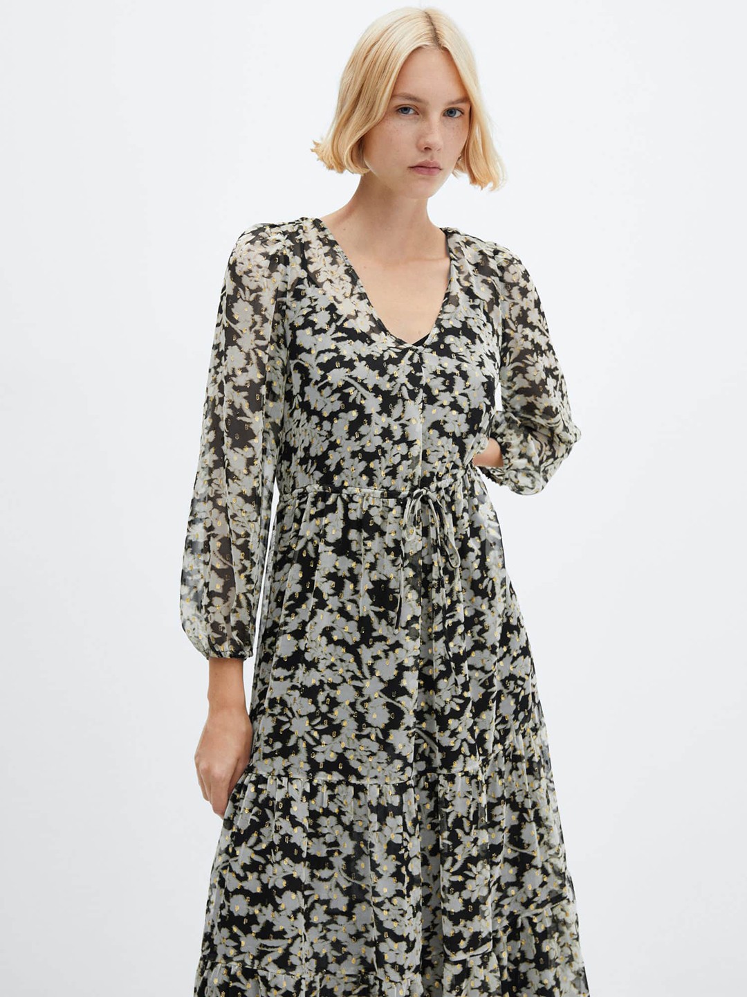 

MANGO Floral Print Puff Sleeves Midi Dress, Black