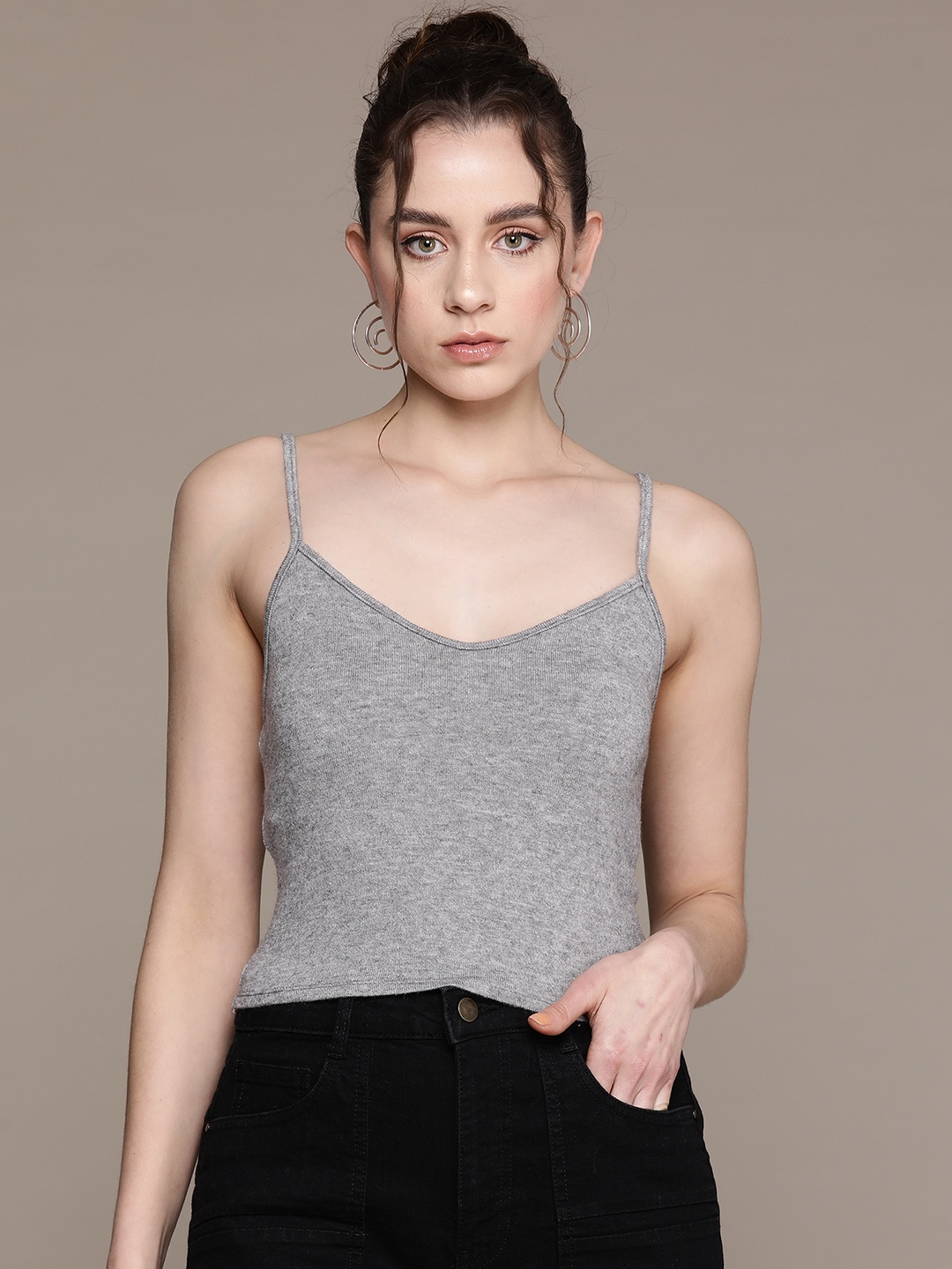 

MANGO Knitted Strappy Top, Grey