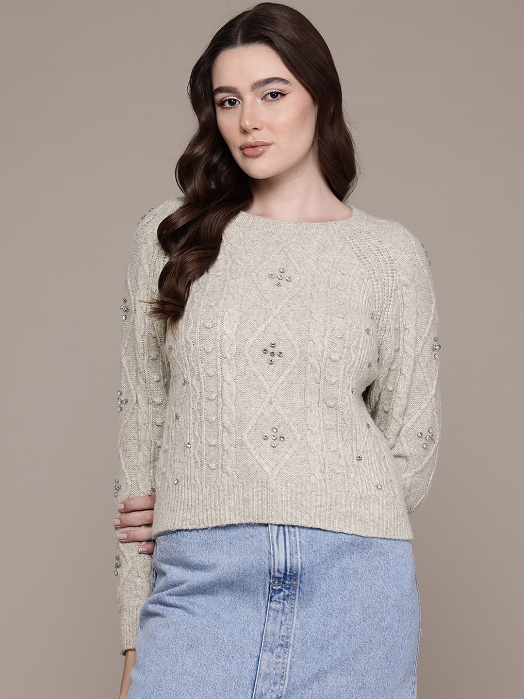 

MANGO Cable Knitted Embellished Pullover, Grey