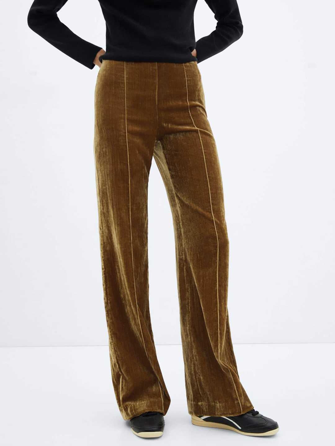 

MANGO Women Velvet Flared Trousers, Mustard