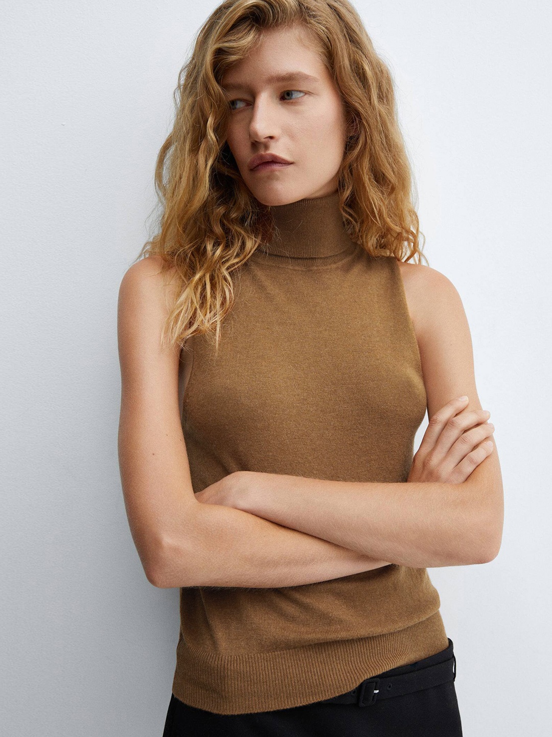 

MANGO Turtleneck Knitted Cotton Top, Rust