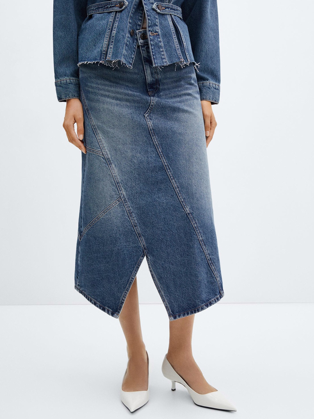 

MANGO Washed Asymmetrical Denim Skirt, Blue