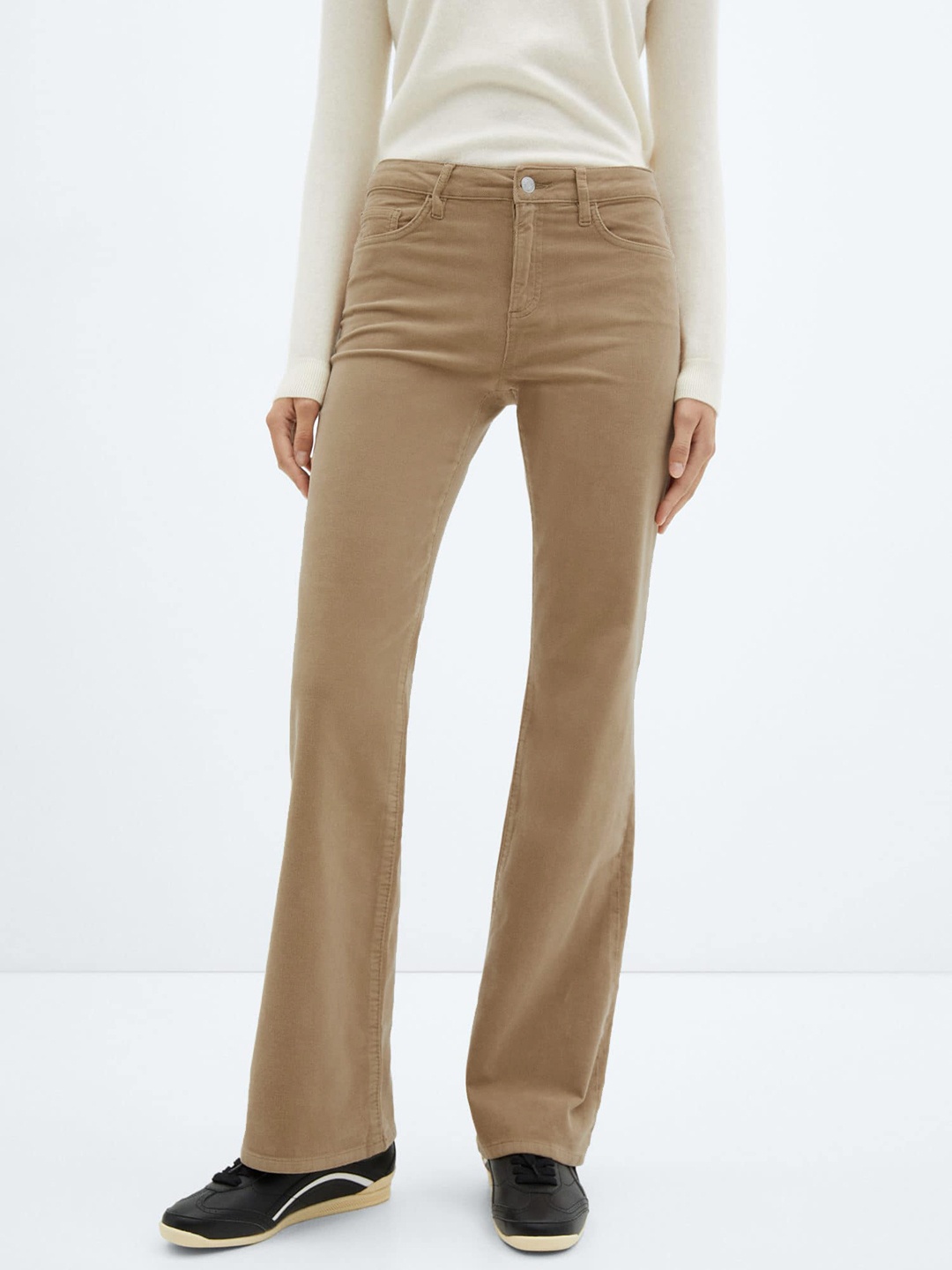 

MANGO Women Mid-Rise Corduroy Flared Jeans, Beige