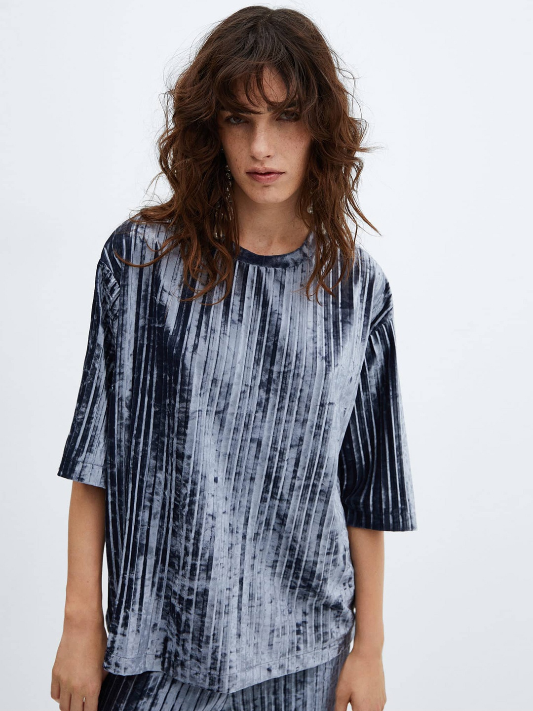 

MANGO Abstract Print Velvet Pleated T-shirt, Blue