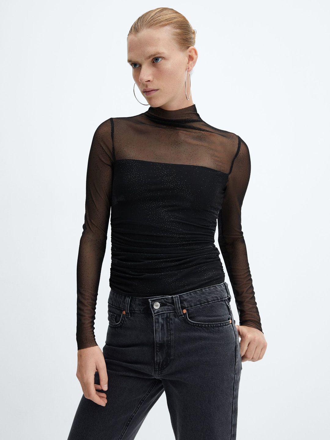 

MANGO Shimmery Mesh Semi-Sheer Ruched Top, Black