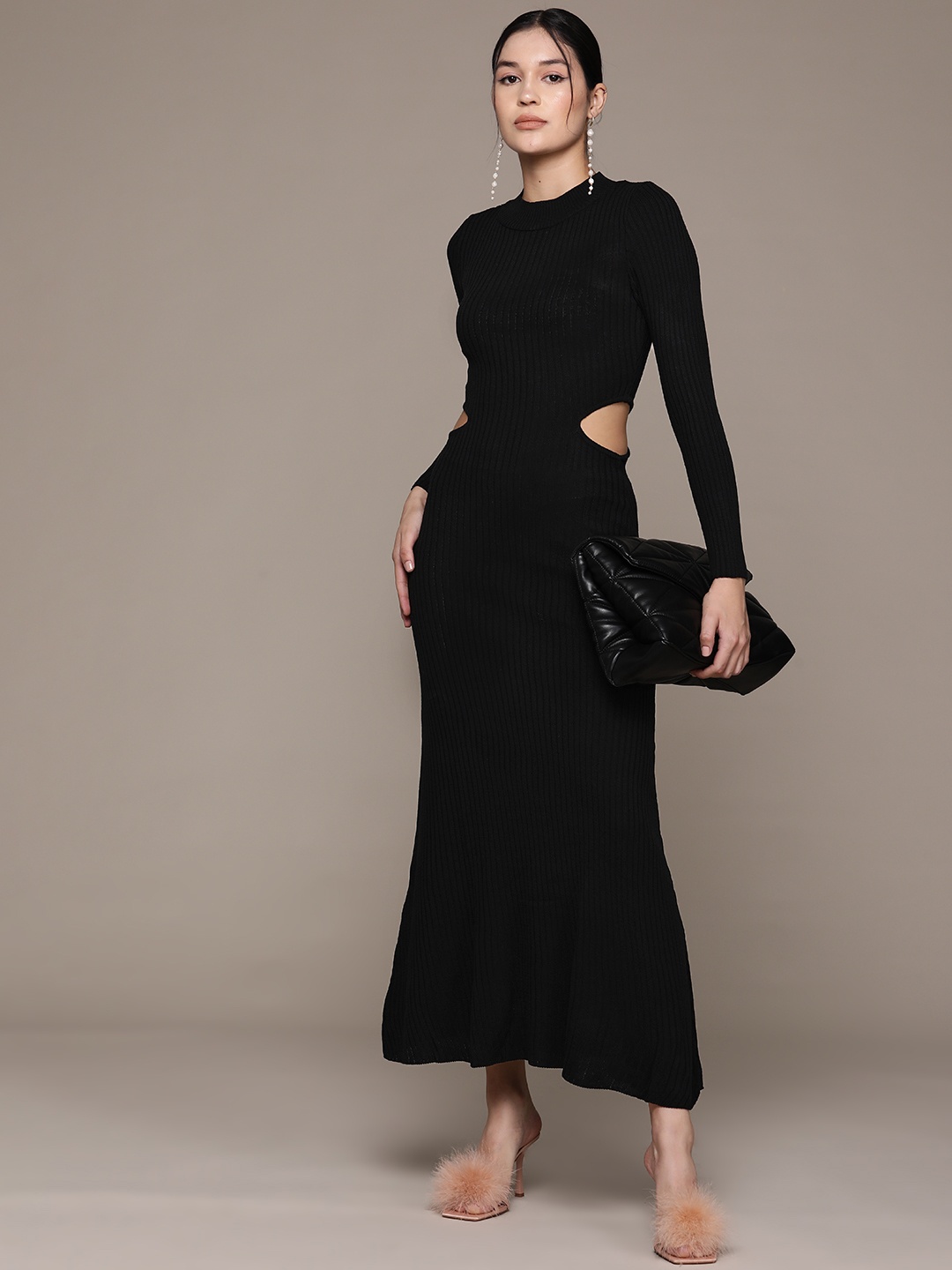 

MANGO Ribbed Cut-Out Waist A-Line Midi Dress, Black