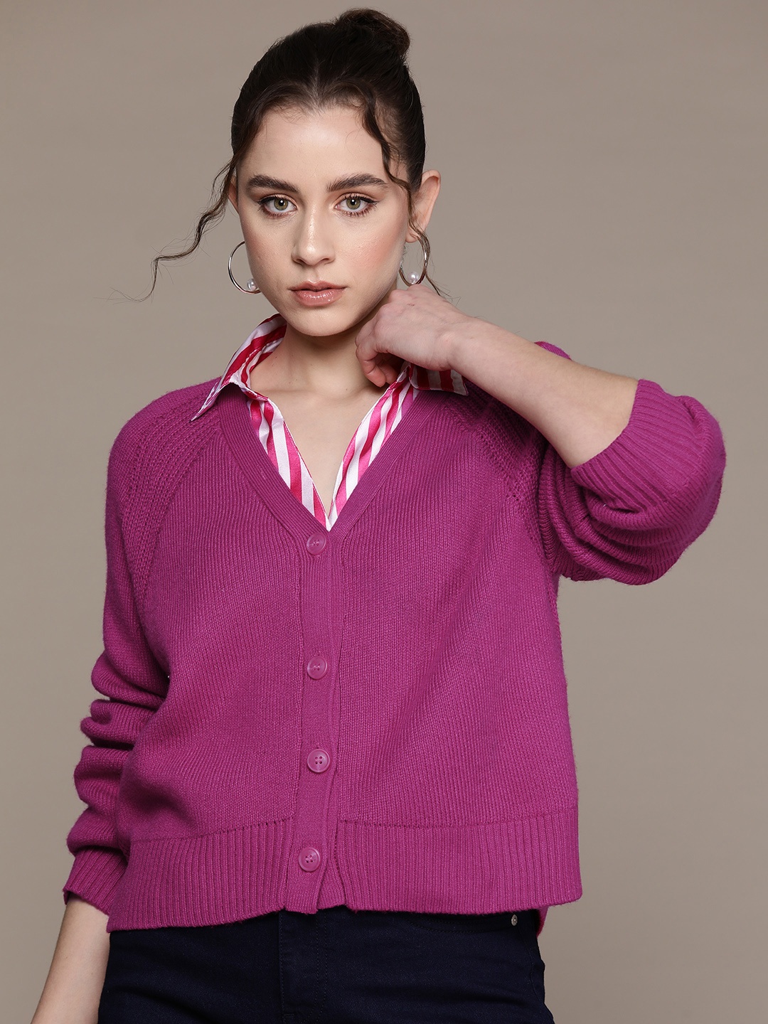 

MANGO Women Solid Cardigan, Pink
