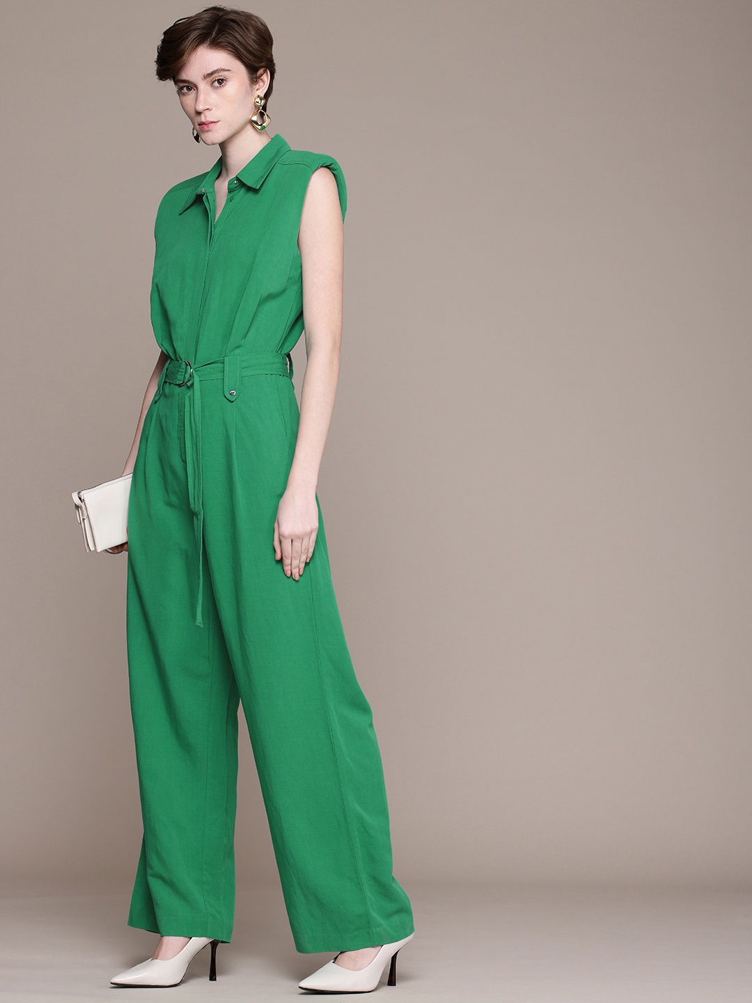 

MANGO Shirt Collar Sleeveless Basic Jumpsuit, Green