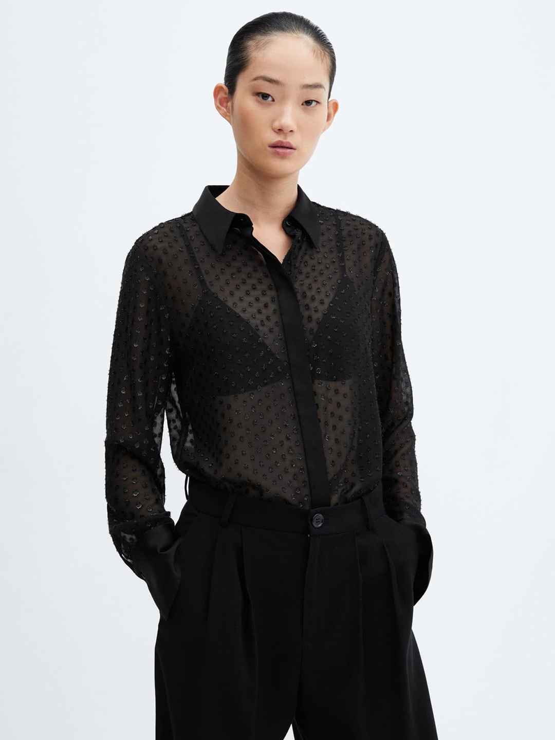 

MANGO Semi Sheer Self-Designed Shirt, Black