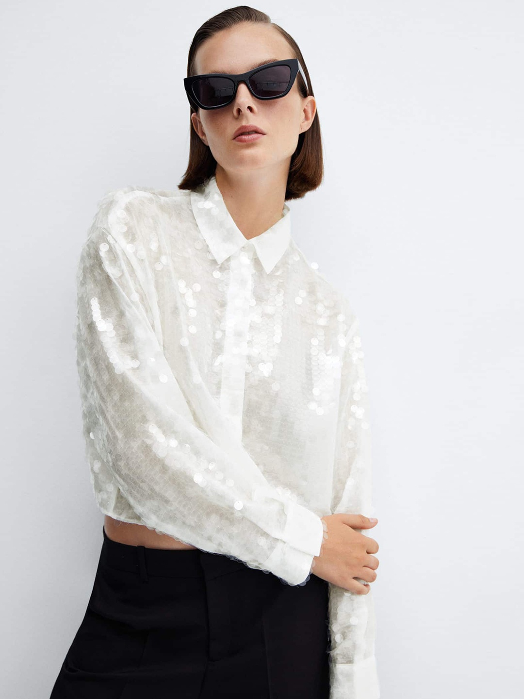 

MANGO Semi Sheer Sequin Party Shirt, Off white