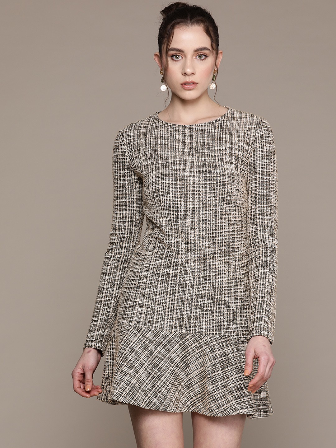 

MANGO Tweed Peplum Mini Dress, Beige