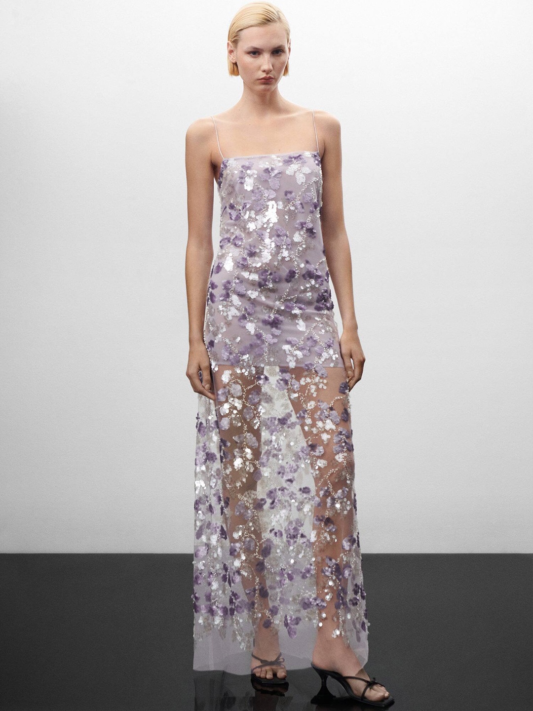 

MANGO Sequined Sheer Maxi Dress, Lavender