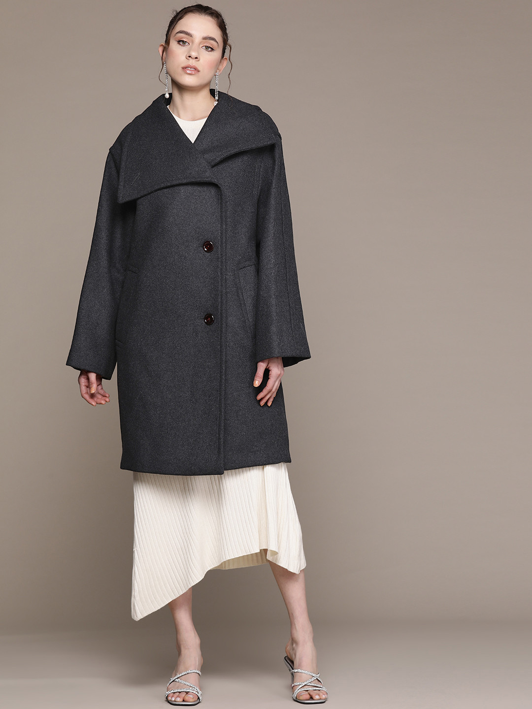 

MANGO Women Longline Overcoat, Charcoal