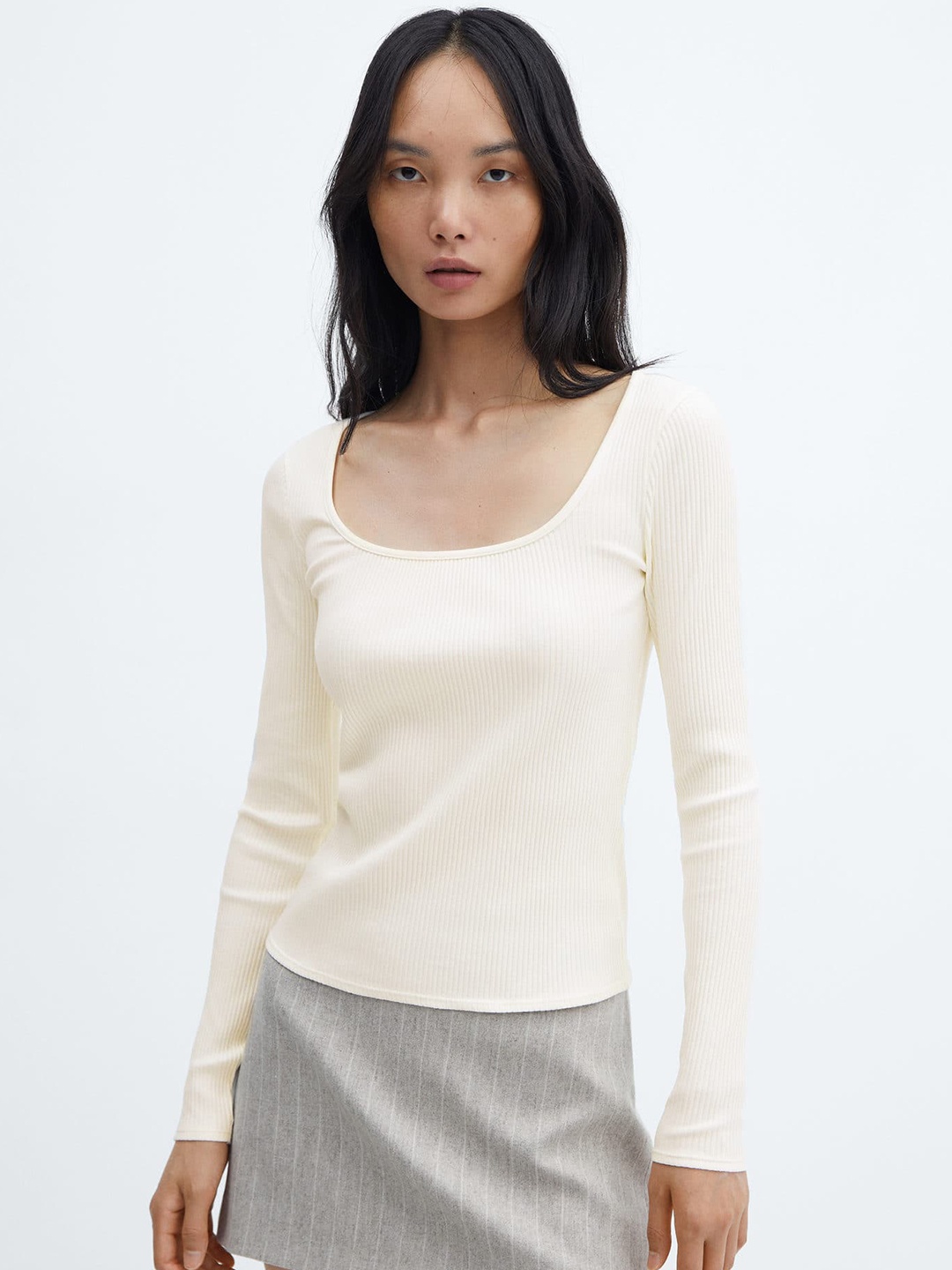 

MANGO Ribbed Scoop Neck Top, Off white