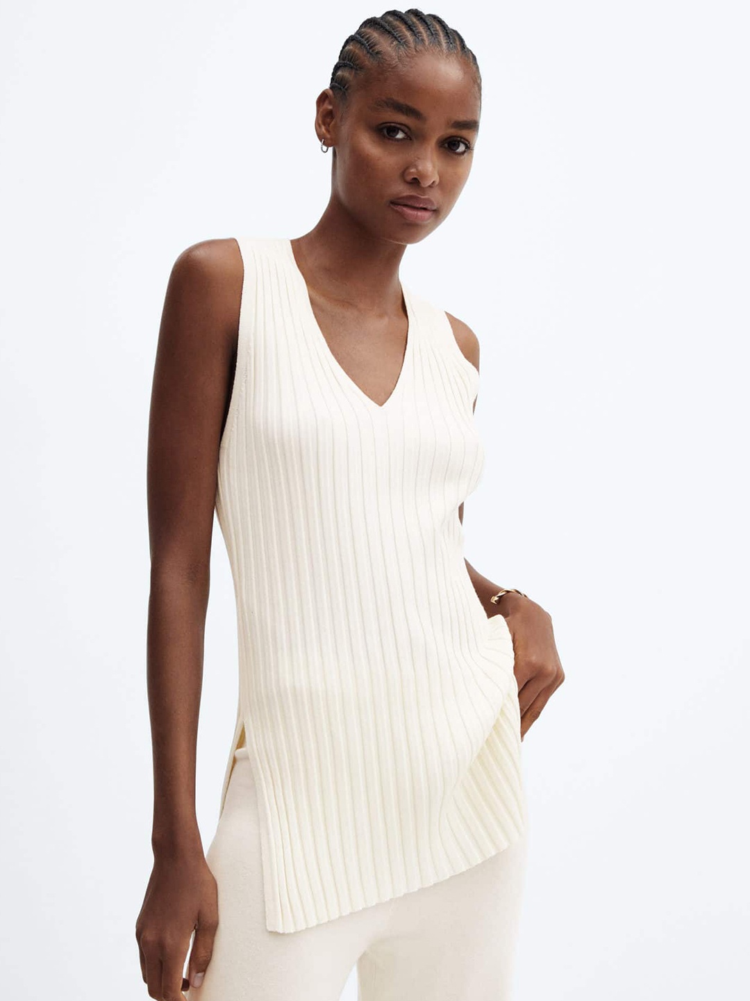 

MANGO Ribbed V-Neck Longline Top, Cream