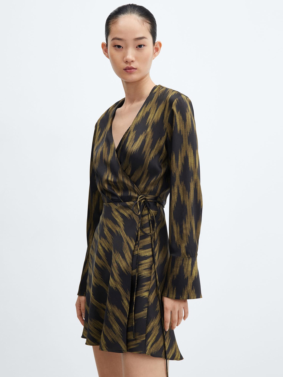 

MANGO Satin Finish Printed Wrap Dress, Black