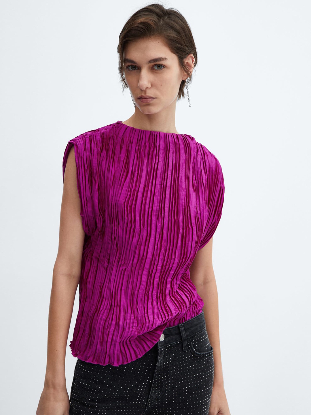 

MANGO Satin Pleated Extended Sleeves Top, Magenta