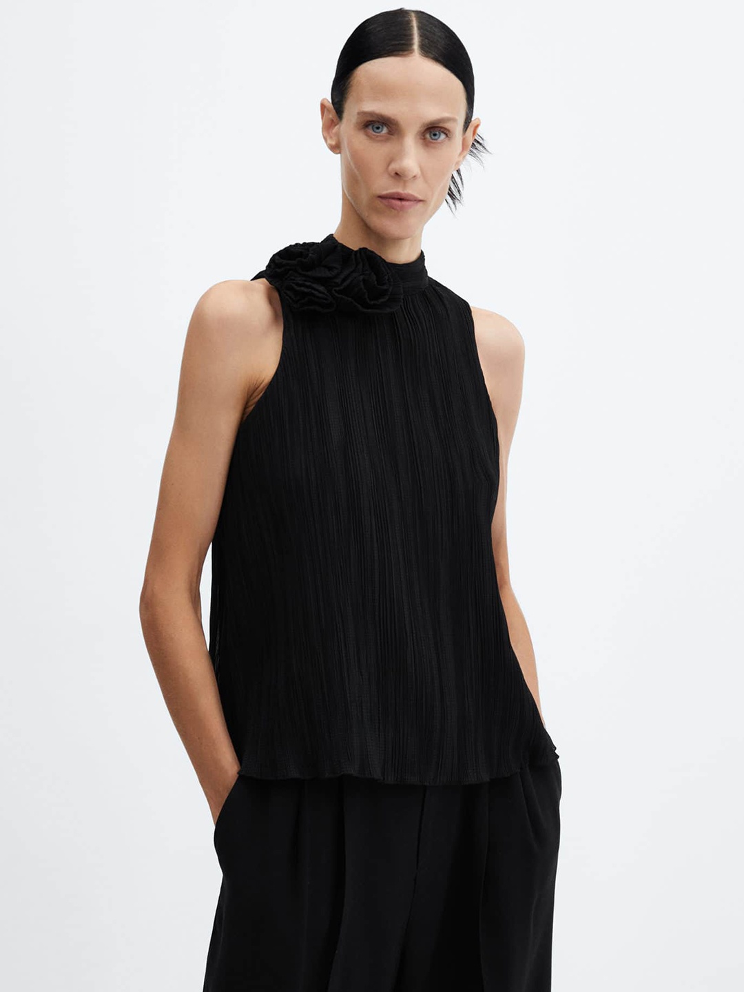 

MANGO Pleated Top With Floral Applique, Black