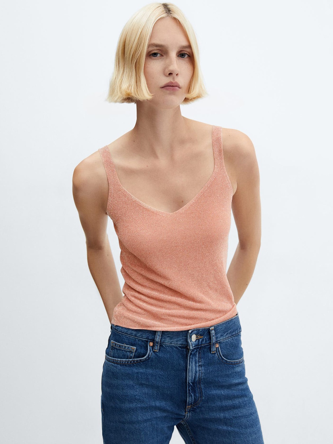 

MANGO Lurex Knitted Top, Peach