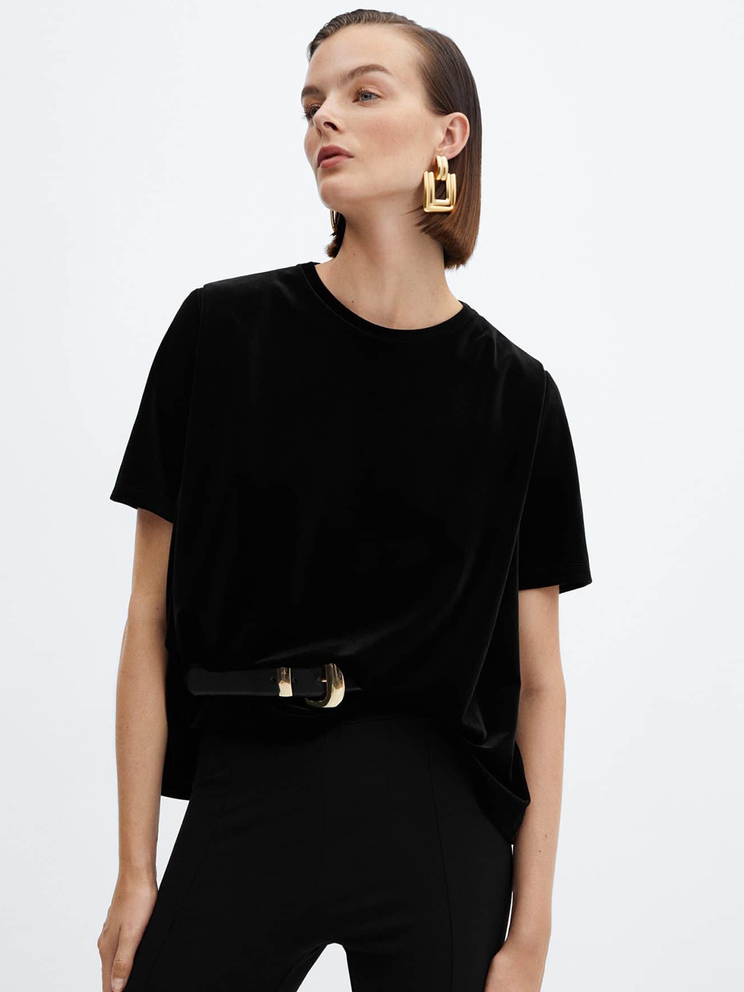 

MANGO Shoulder Pads Velvet T-shirt, Black