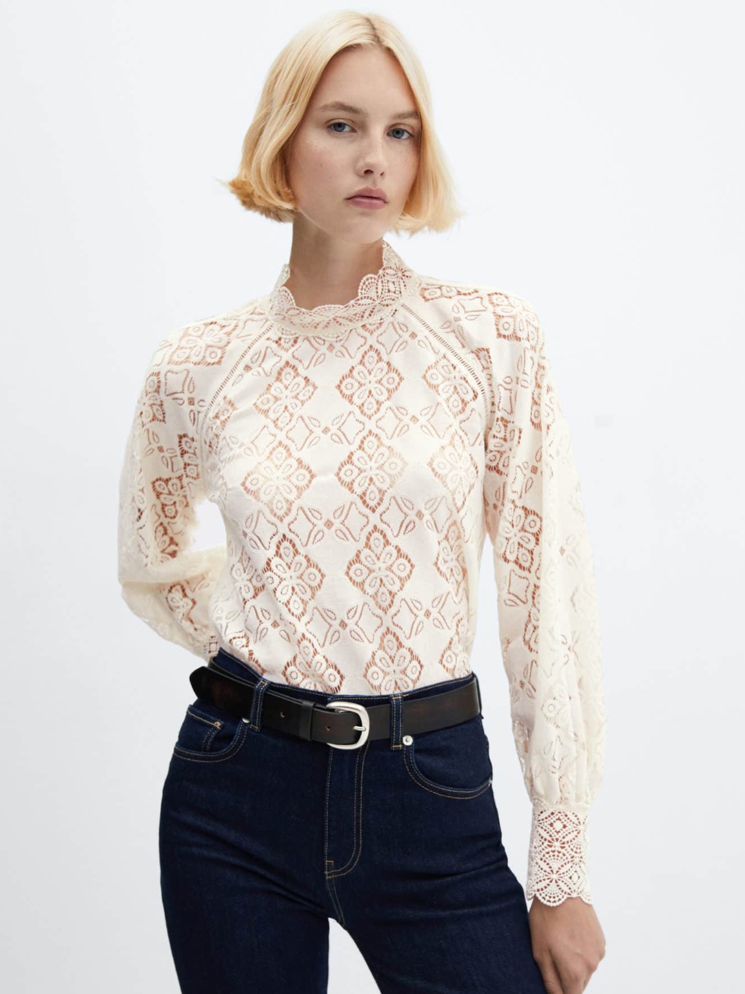 

MANGO Floral Lace Top, Off white