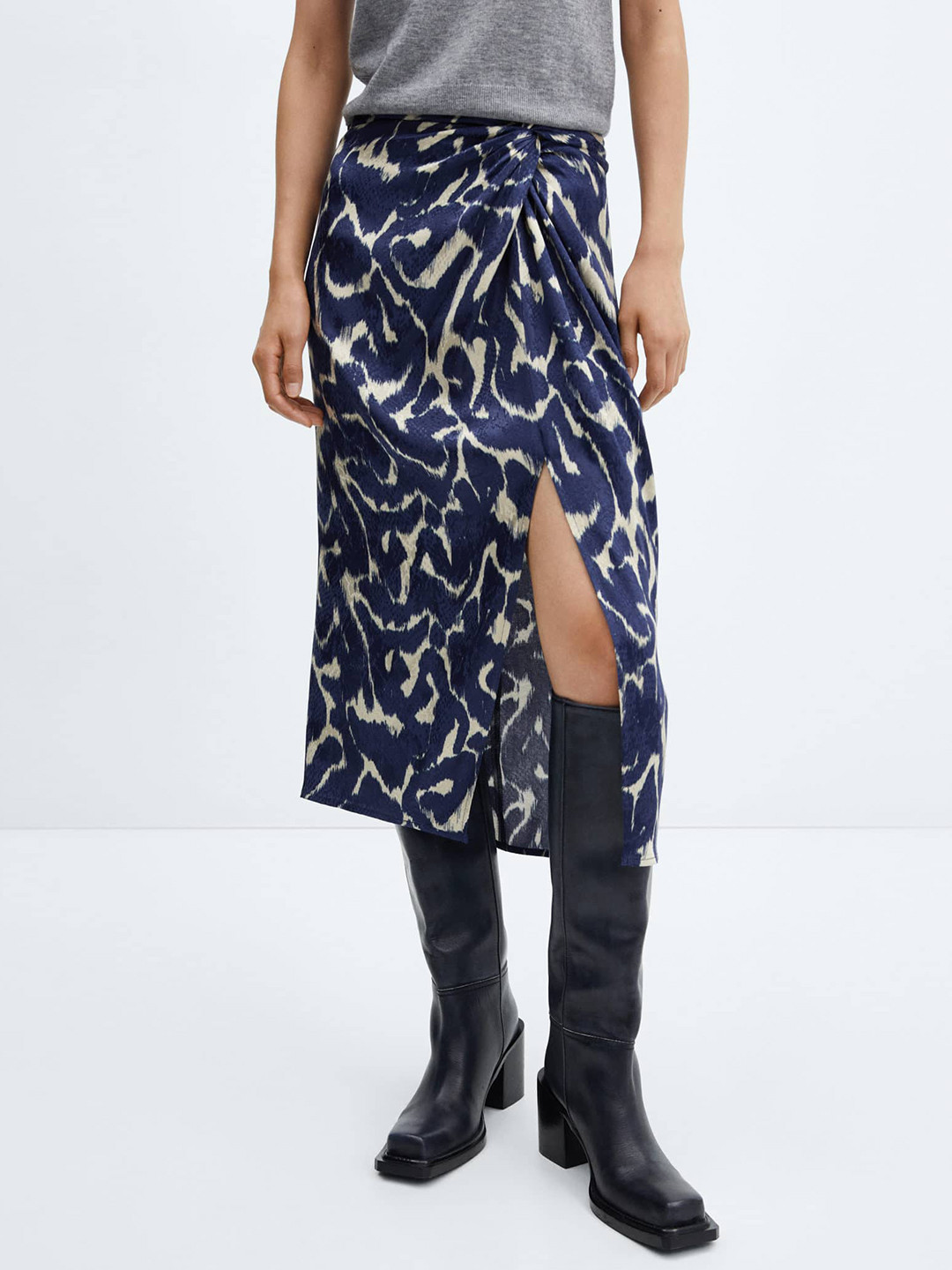 

MANGO Printed A-Line Midi Slit Skirt, Blue