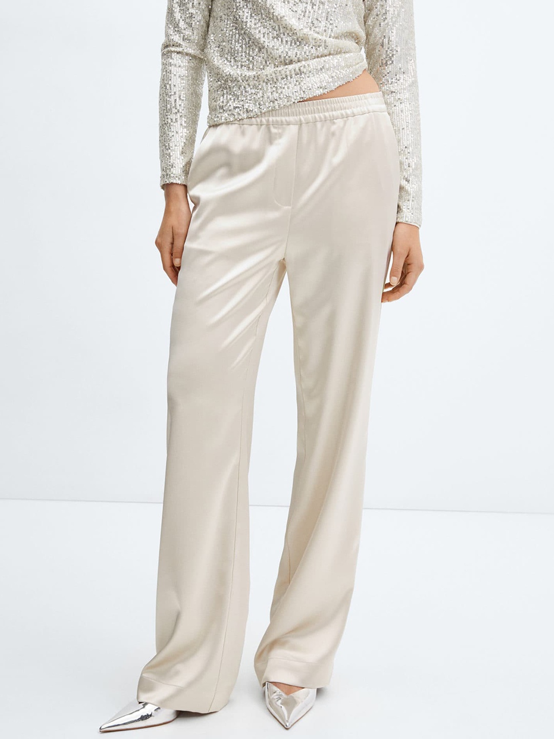 

MANGO Women Satin Trousers, Off white