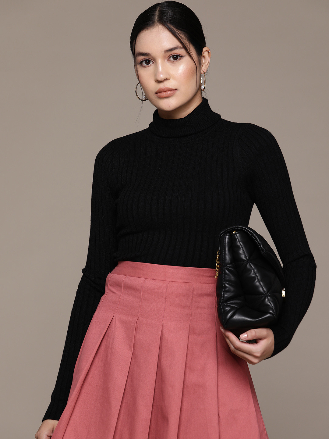 

MANGO High Neck Ribbed Pullover, Black